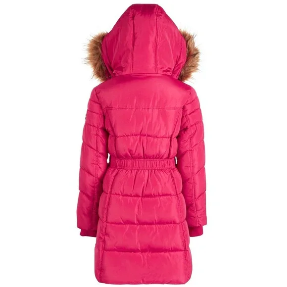 DKNY Big Girls Hooded Puffer Jacket With Faux-Fur Trim Fuchsia